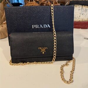 Prada Leather Clutch, Pink inside and Removable Gold Colored Chain.  Authentic!